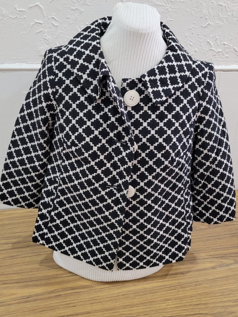 Vintage Harold's Black White Quatrefoil Geometric Swing Blazer Jacket - Size 6